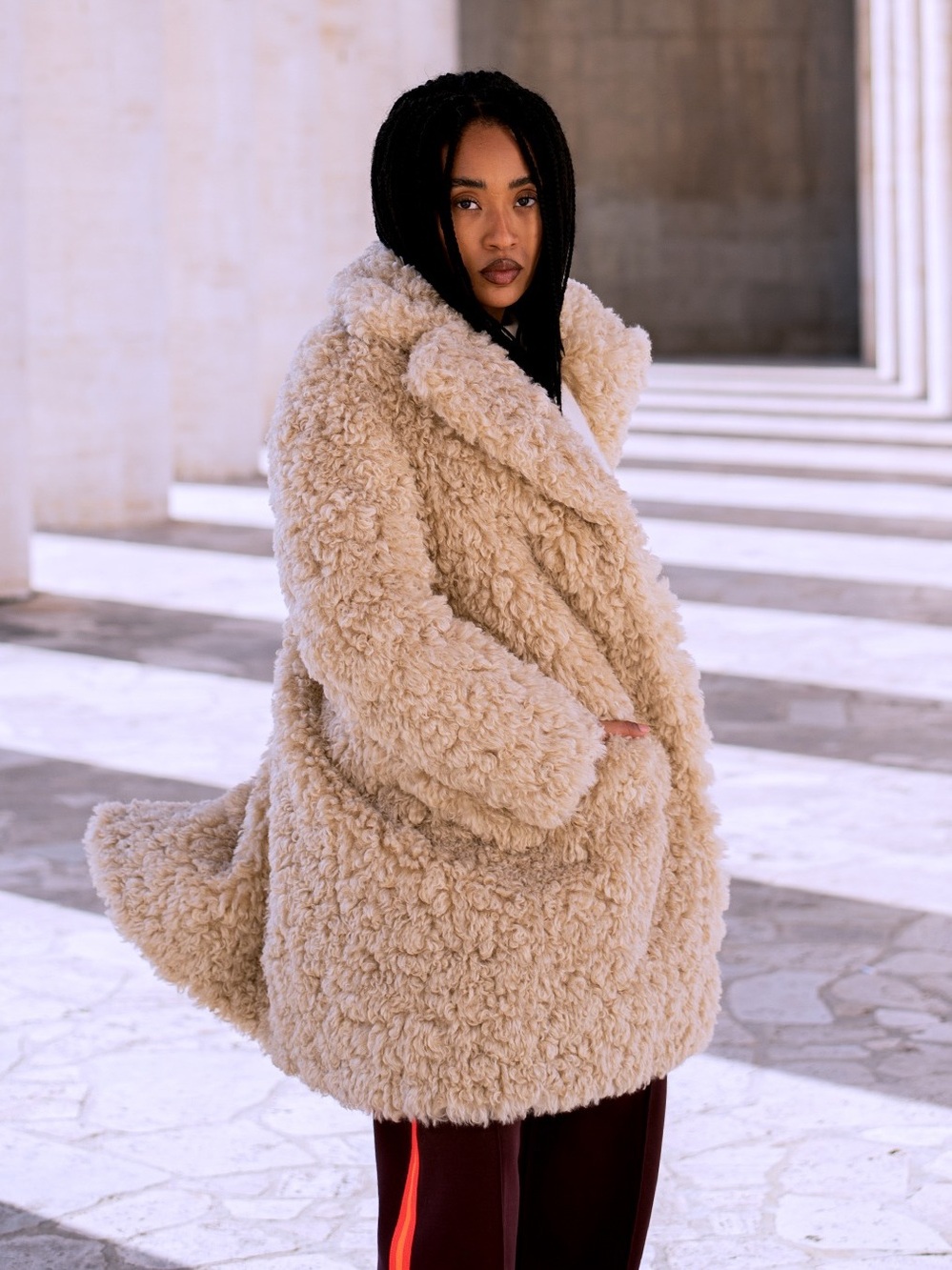 Stand Studio Camille Cocoon Teddy Faux Fur Coat Beige FR 36 Small NWT
